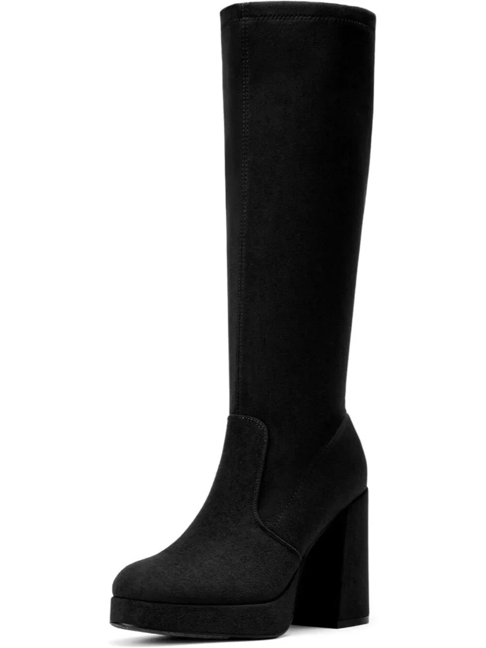 Women's Black Suede Chunky Platform Heel Round Toe Side Zipper Knee High Boots